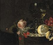 simon luttichuys A 'Roemer' with white wine, a partially peeled lemon, cherries and other fruit on a silver plate with a rose and grapes on a stone ledge oil painting reproduction